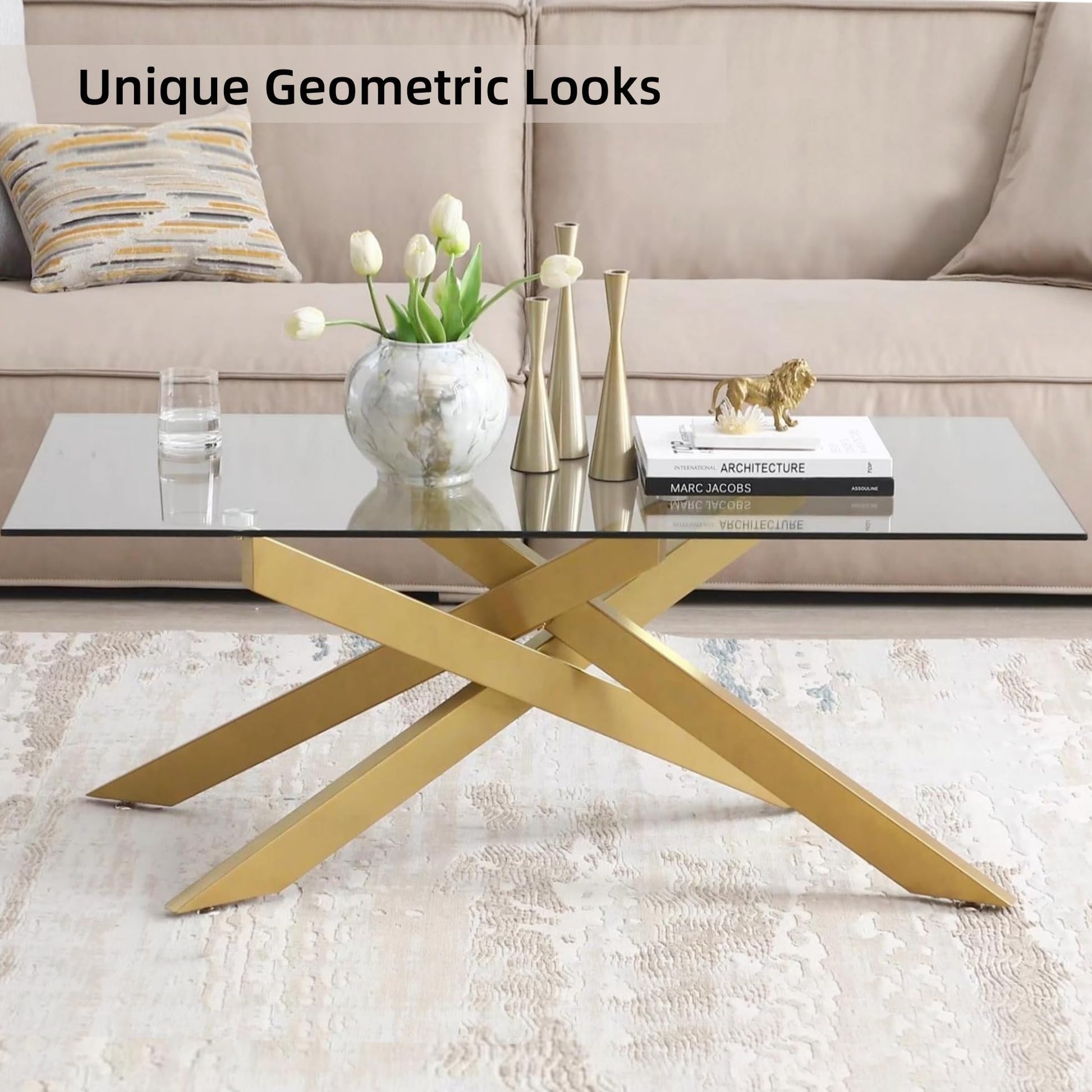 Rectangle Modern Coffee Table, Tempered Glass Top and Metal Tubular Leg EK HOME FURNITURE