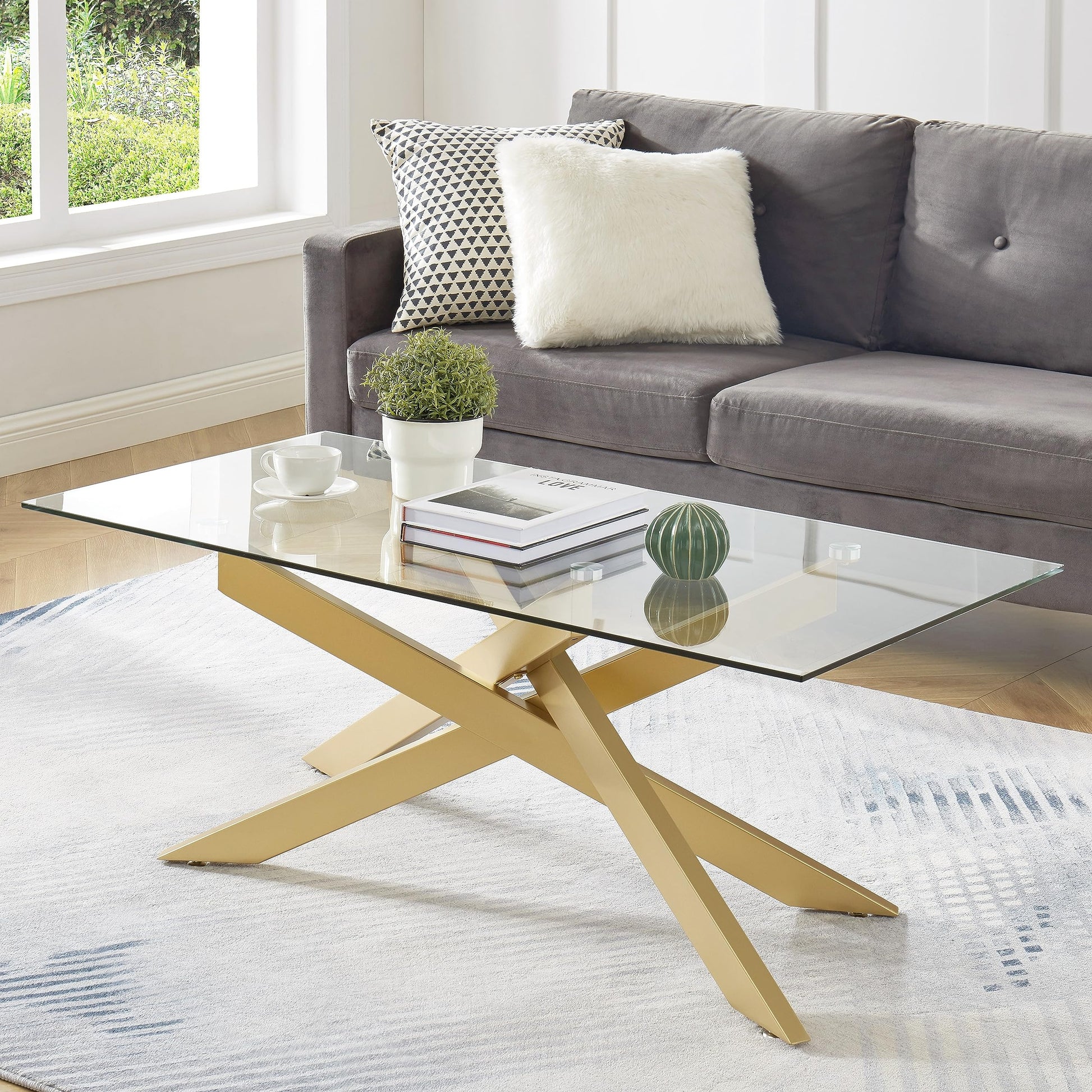 Rectangle Modern Coffee Table, Tempered Glass Top and Metal Tubular Leg EK HOME FURNITURE