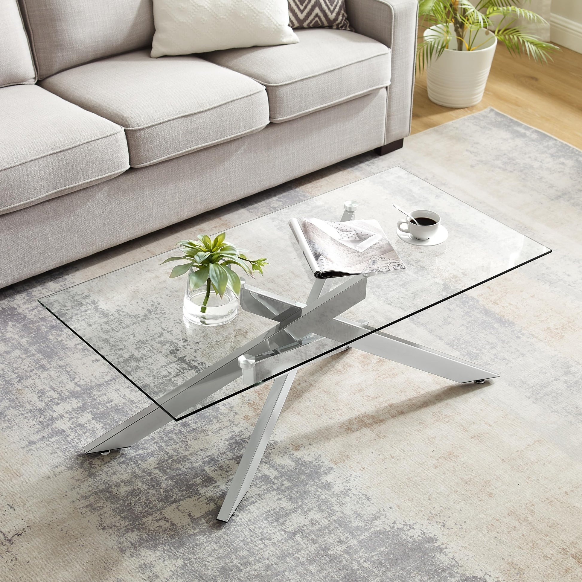 Rectangle Modern Coffee Table, Tempered Glass Top and Metal Tubular Leg EK HOME FURNITURE