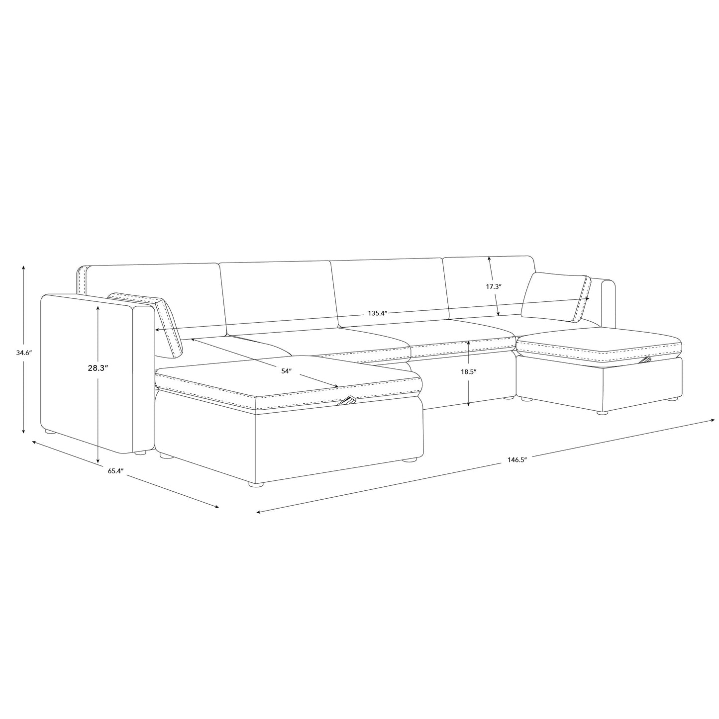 U-Shaped Modular Sofa Set, Extra Large Sectional Couch with Reversible Chaise, 146 inch Width EK HOME FURNITURE