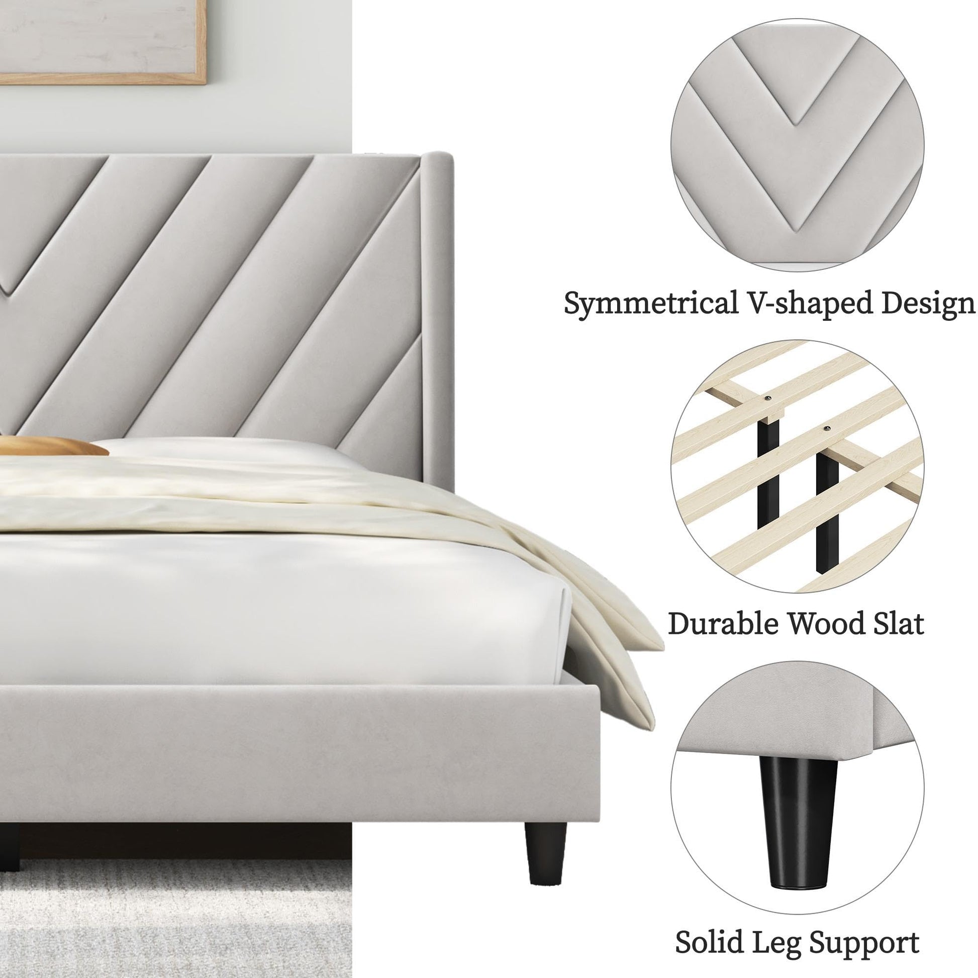 Upholstered Platform Bed with Wing Side/Wooden Slat Support/Tufted Headboard EK HOME FURNITURE