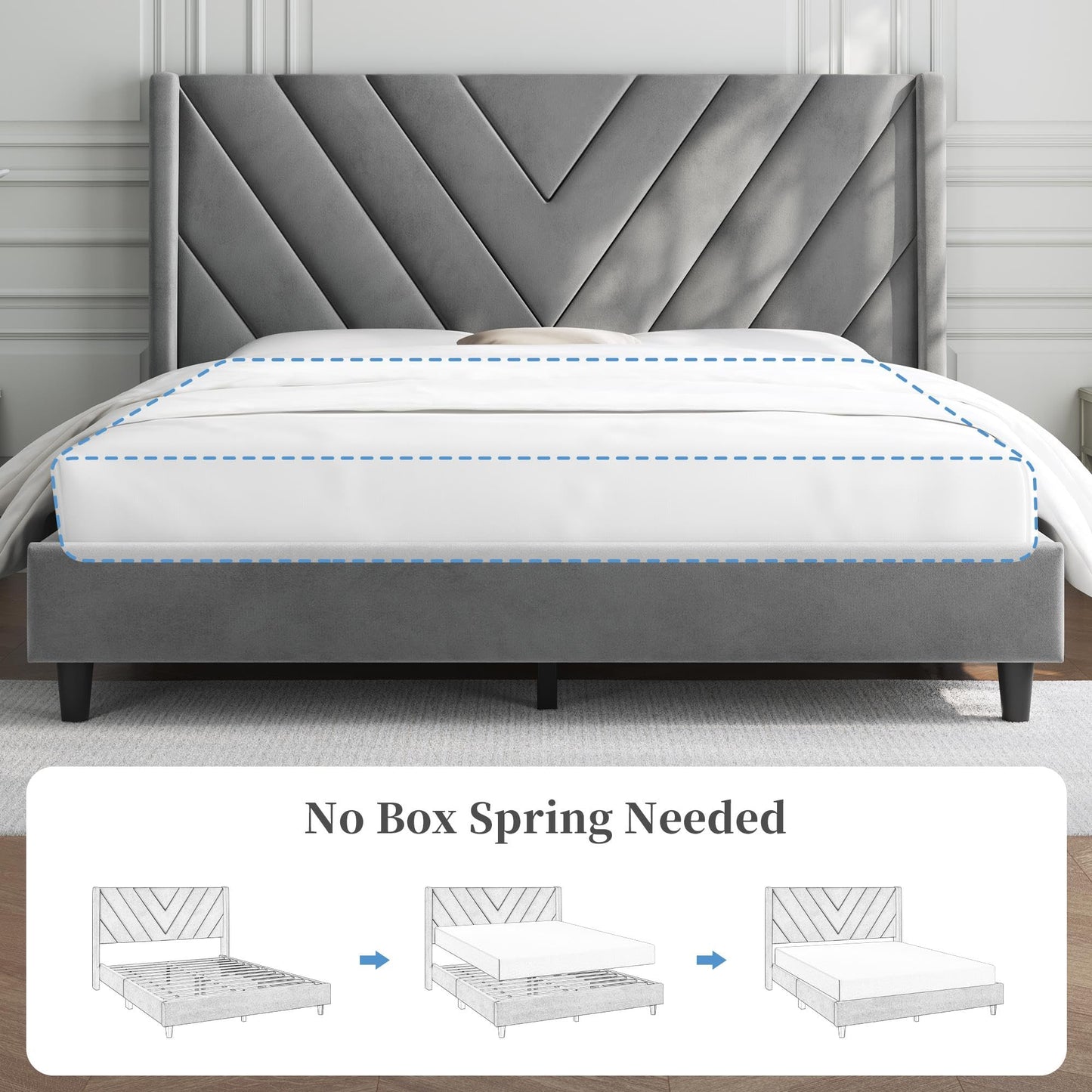 Upholstered Platform Bed with Wing Side/Wooden Slat Support/Tufted Headboard EK HOME FURNITURE