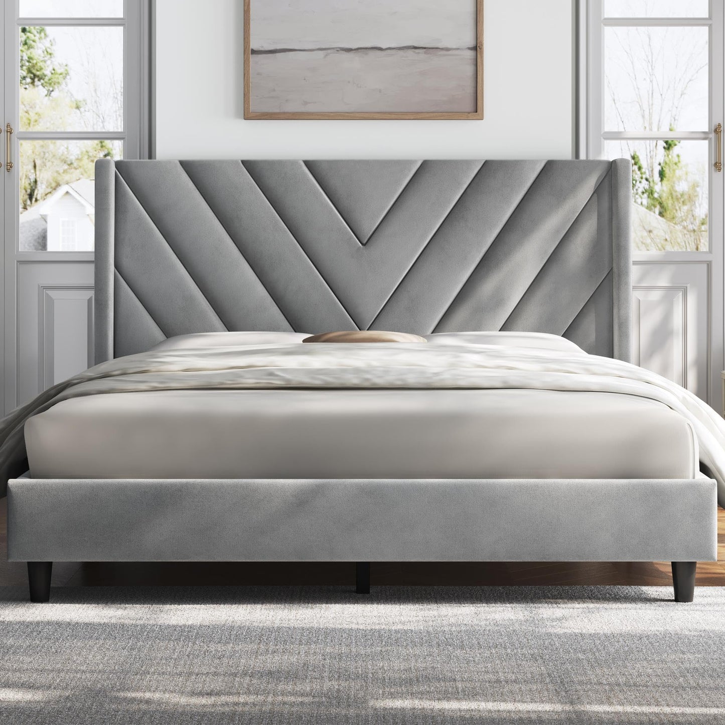 Upholstered Platform Bed with Wing Side/Wooden Slat Support/Tufted Headboard EK HOME FURNITURE