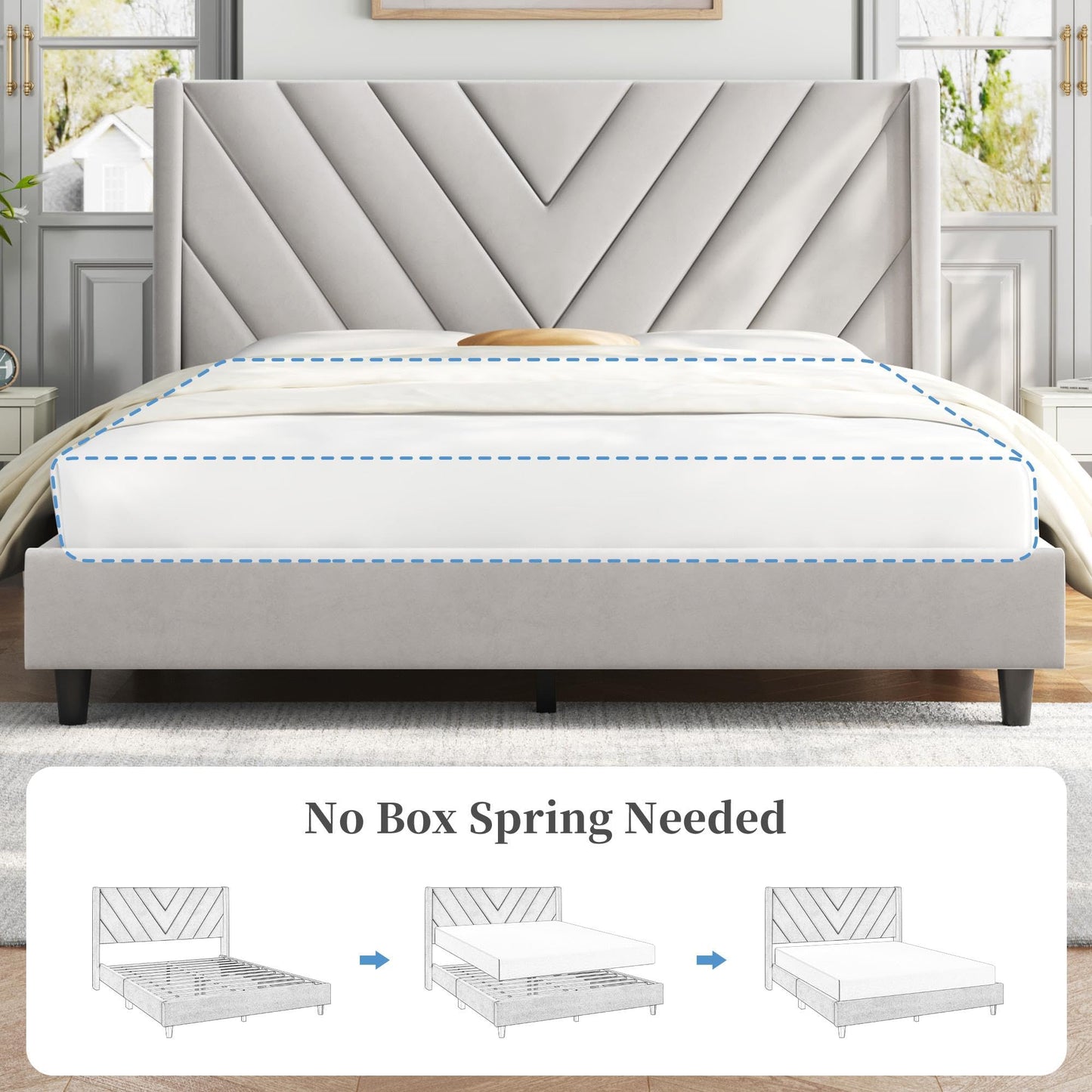 Upholstered Platform Bed with Wing Side/Wooden Slat Support/Tufted Headboard EK HOME FURNITURE