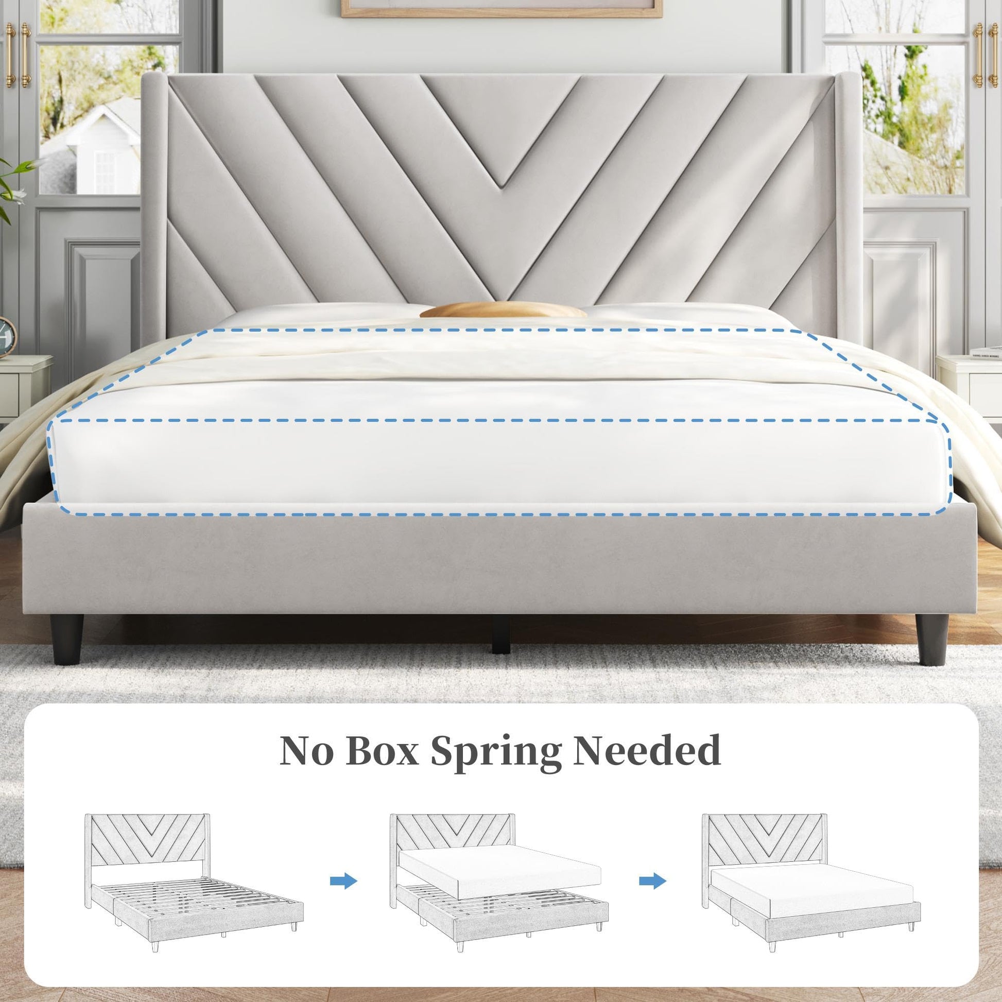 Upholstered Platform Bed with Wing Side/Wooden Slat Support/Tufted Headboard EK HOME FURNITURE