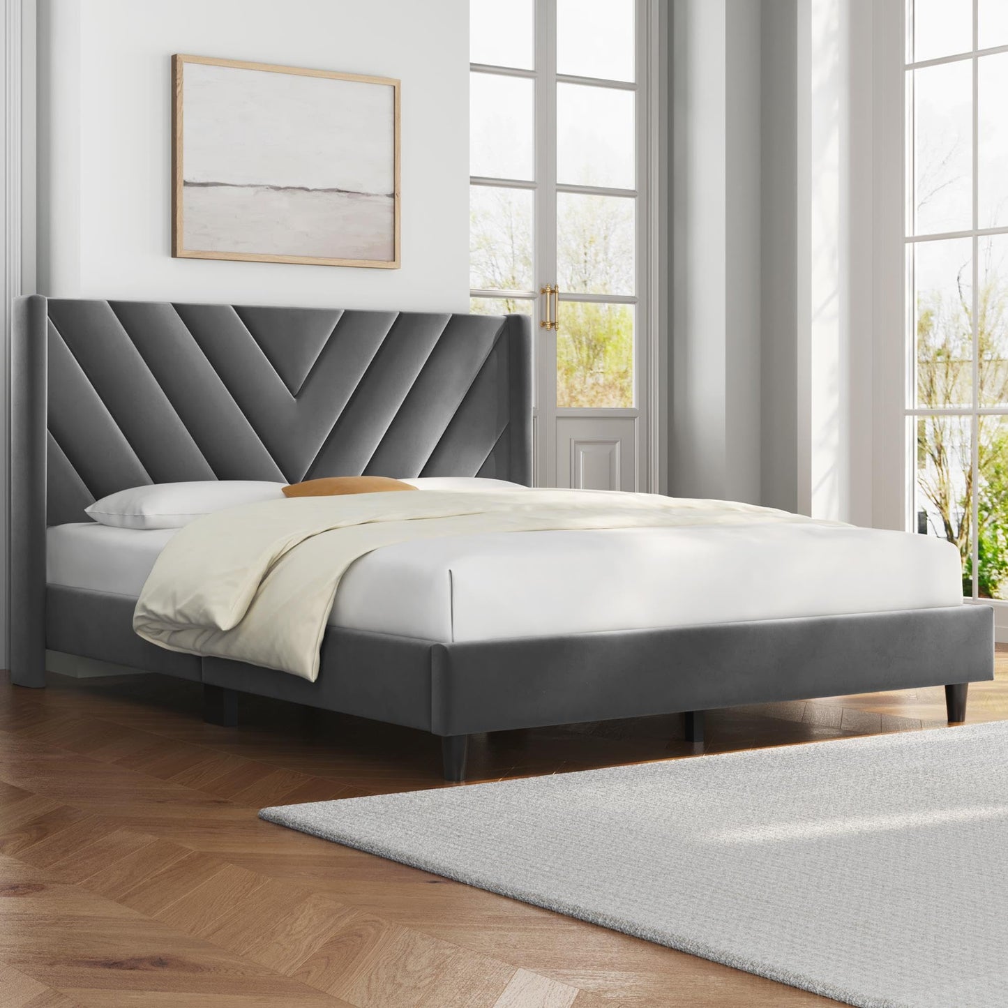 Upholstered Platform Bed with Wing Side/Wooden Slat Support/Tufted Headboard EK HOME FURNITURE