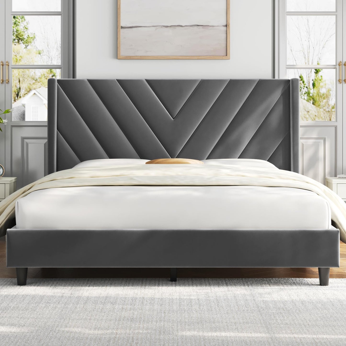 Upholstered Platform Bed with Wing Side/Wooden Slat Support/Tufted Headboard EK HOME FURNITURE