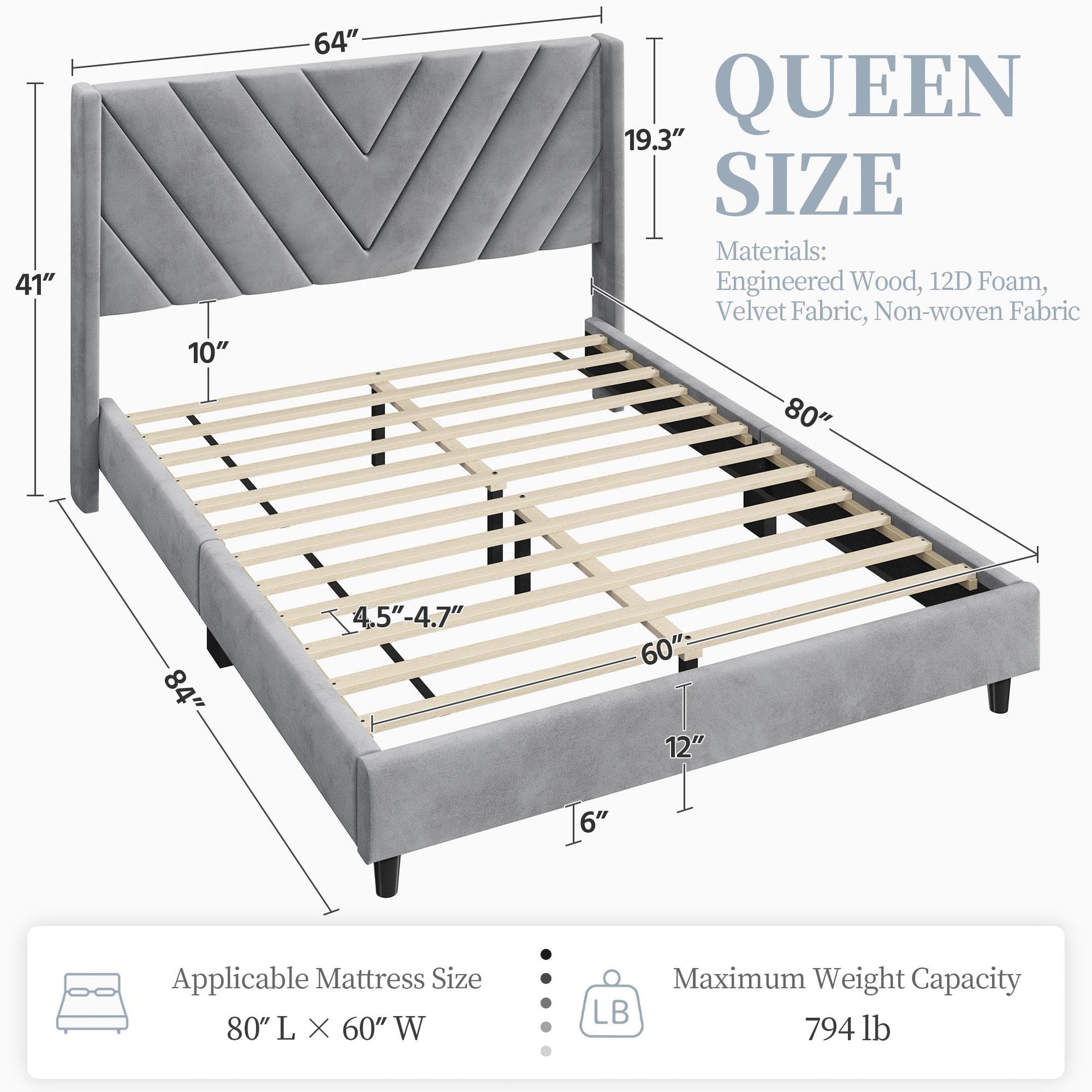 Upholstered Platform Bed with Wing Side/Wooden Slat Support/Tufted Headboard EK HOME FURNITURE