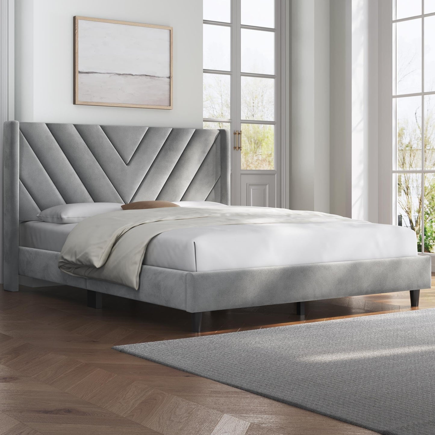 Upholstered Platform Bed with Wing Side/Wooden Slat Support/Tufted Headboard EK HOME FURNITURE