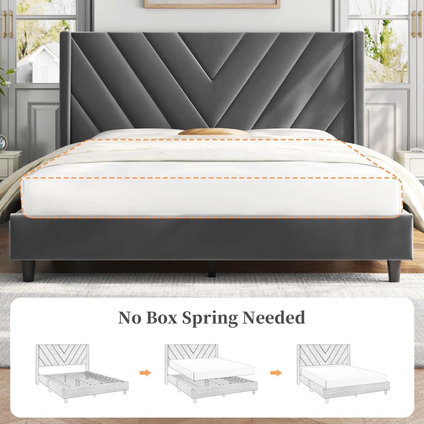 Upholstered Platform Bed with Wing Side/Wooden Slat Support/Tufted Headboard EK HOME FURNITURE