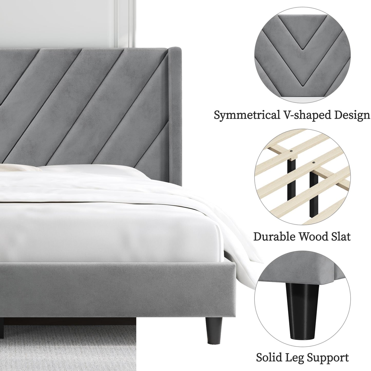 Upholstered Platform Bed with Wing Side/Wooden Slat Support/Tufted Headboard EK HOME FURNITURE