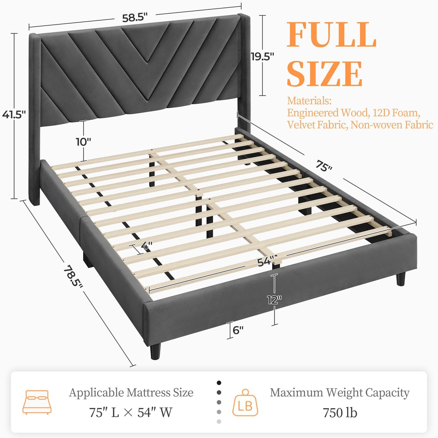 Upholstered Platform Bed with Wing Side/Wooden Slat Support/Tufted Headboard EK HOME FURNITURE