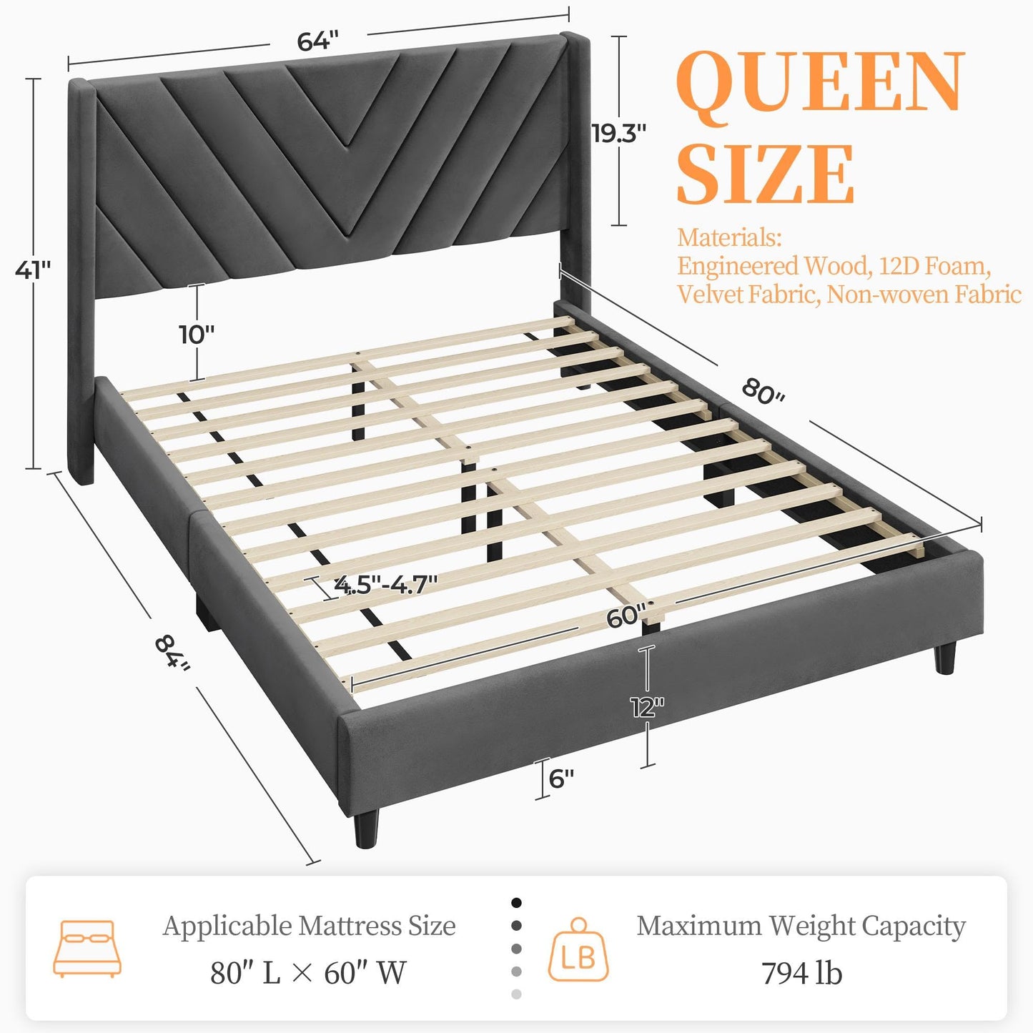 Upholstered Platform Bed with Wing Side/Wooden Slat Support/Tufted Headboard EK HOME FURNITURE