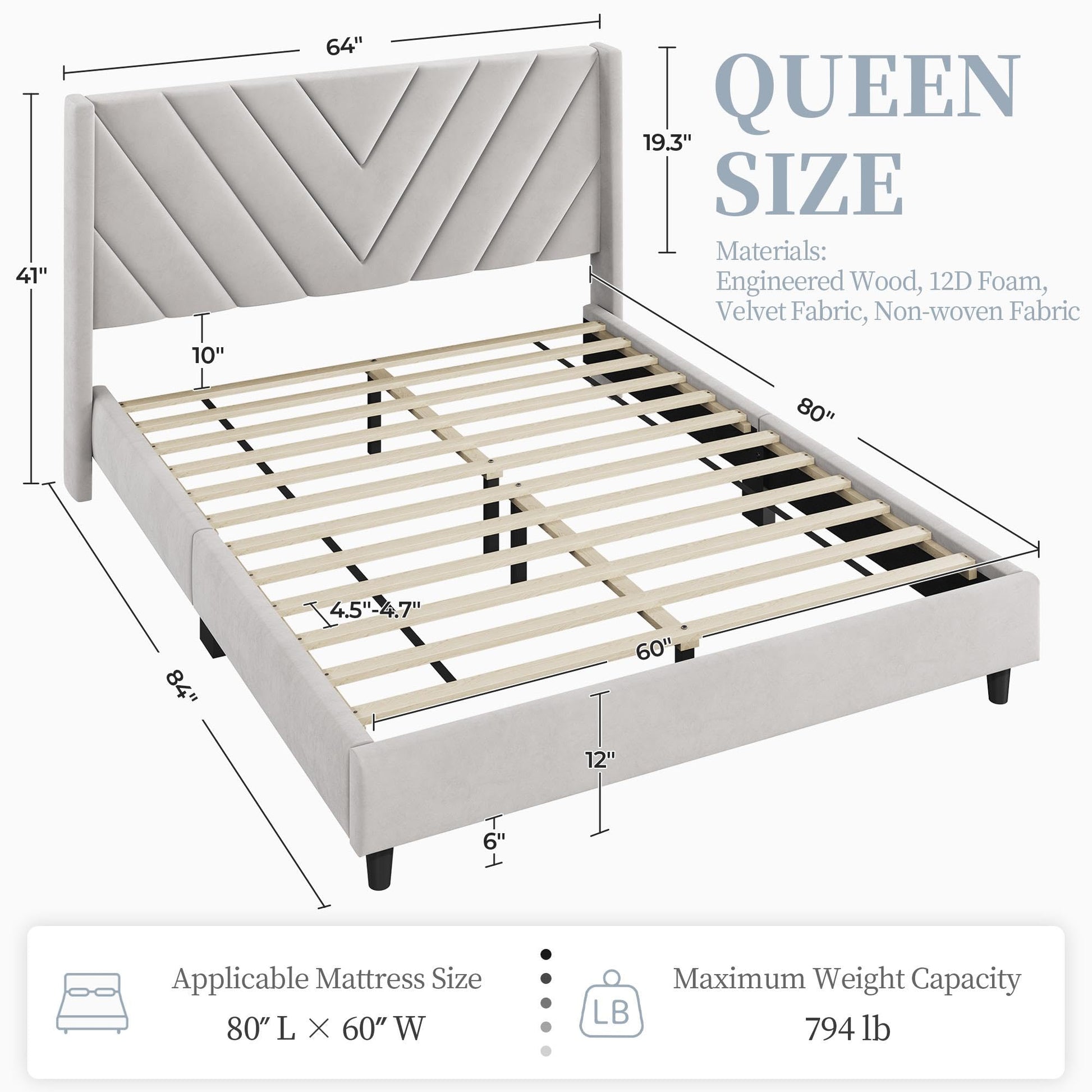 Upholstered Platform Bed with Wing Side/Wooden Slat Support/Tufted Headboard EK HOME FURNITURE