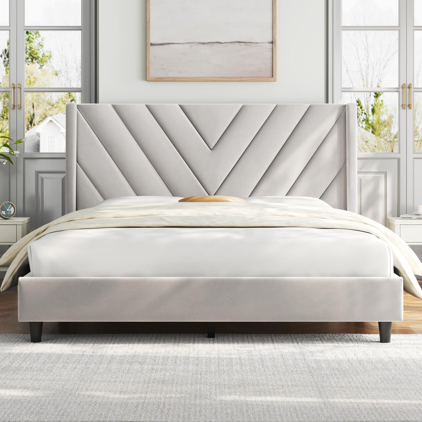 Upholstered Platform Bed with Wing Side/Wooden Slat Support/Tufted Headboard EK HOME FURNITURE