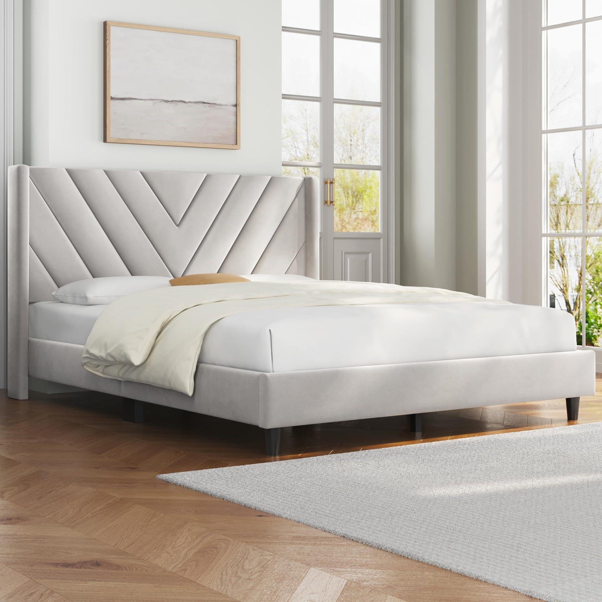 Upholstered Platform Bed with Wing Side/Wooden Slat Support/Tufted Headboard EK HOME FURNITURE