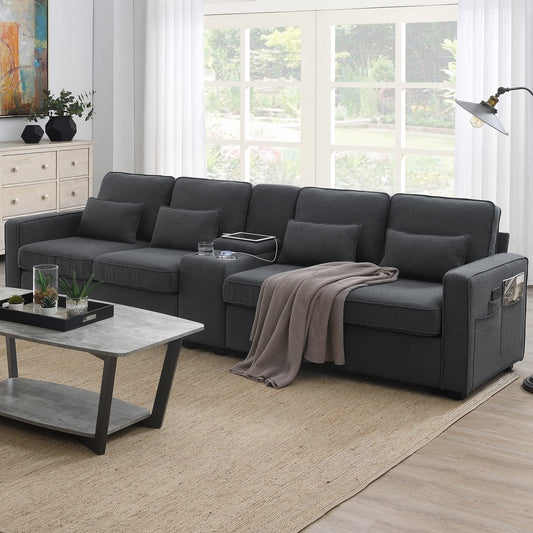 Upholstered Sectional Sofa with Console, 2 Cup Holders and 2 USB Ports & Wirelessly Charged EK HOME FURNITURE