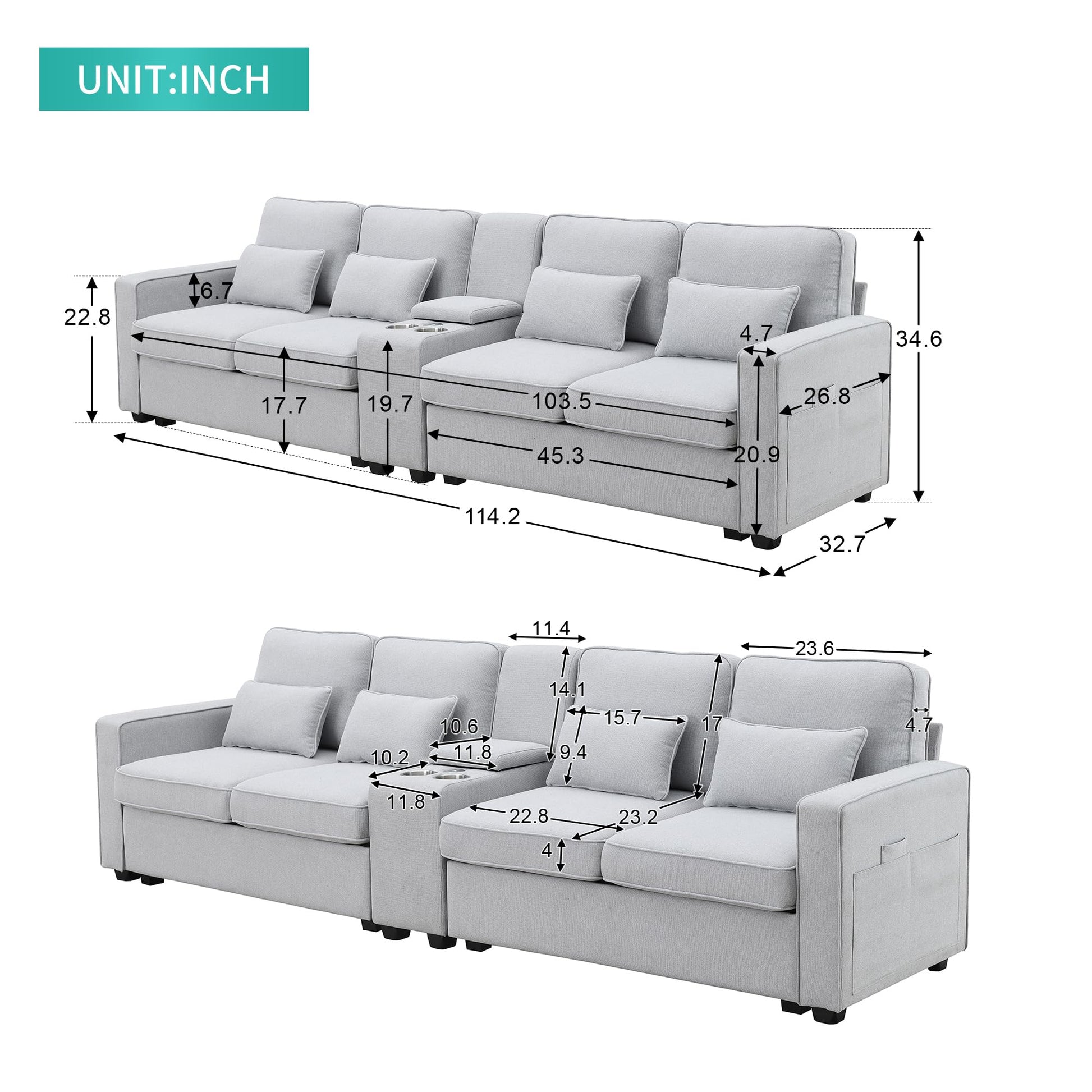 Upholstered Sectional Sofa with Console, 2 Cup Holders and 2 USB Ports & Wirelessly Charged EK HOME FURNITURE