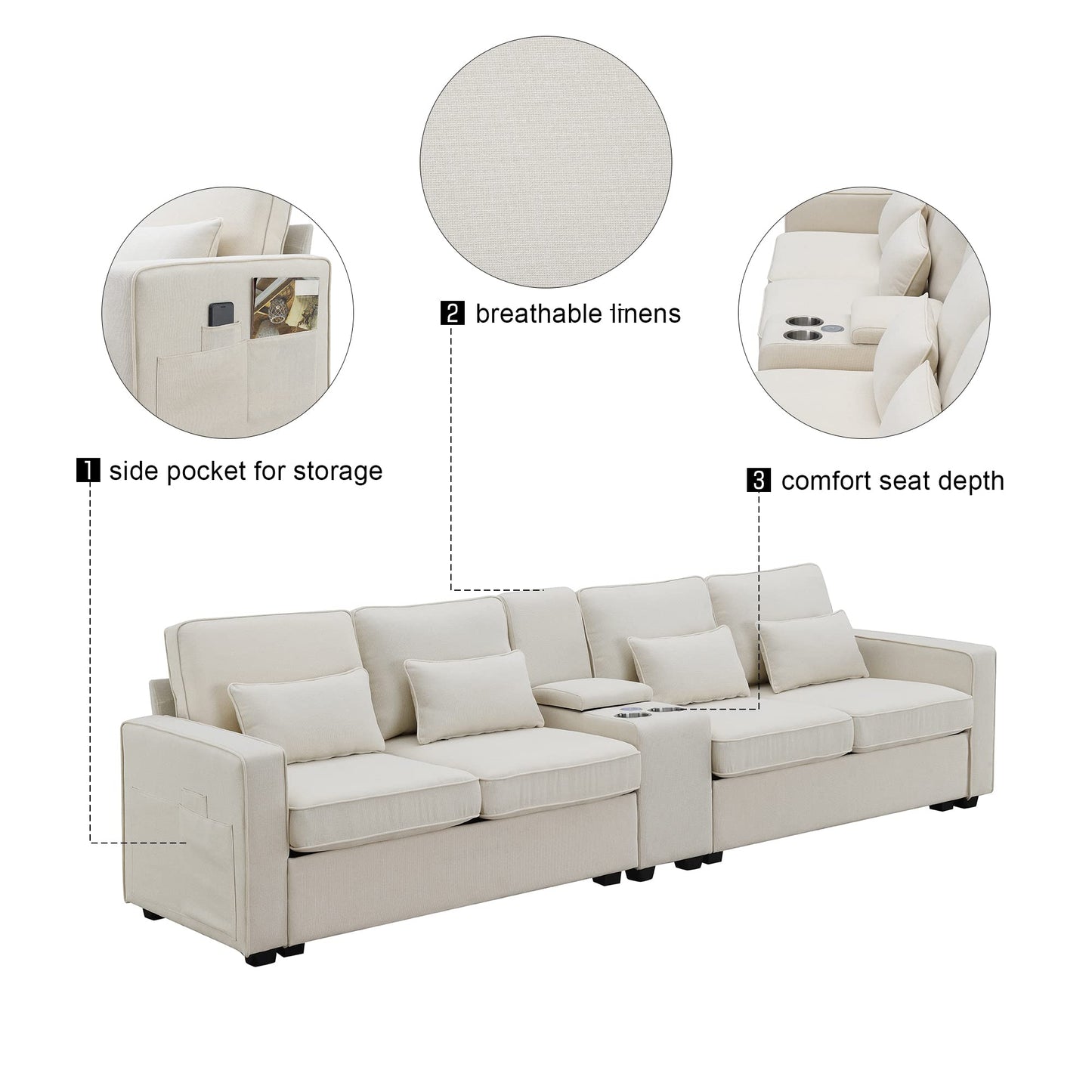 Upholstered Sectional Sofa with Console, 2 Cup Holders and 2 USB Ports & Wirelessly Charged EK HOME FURNITURE