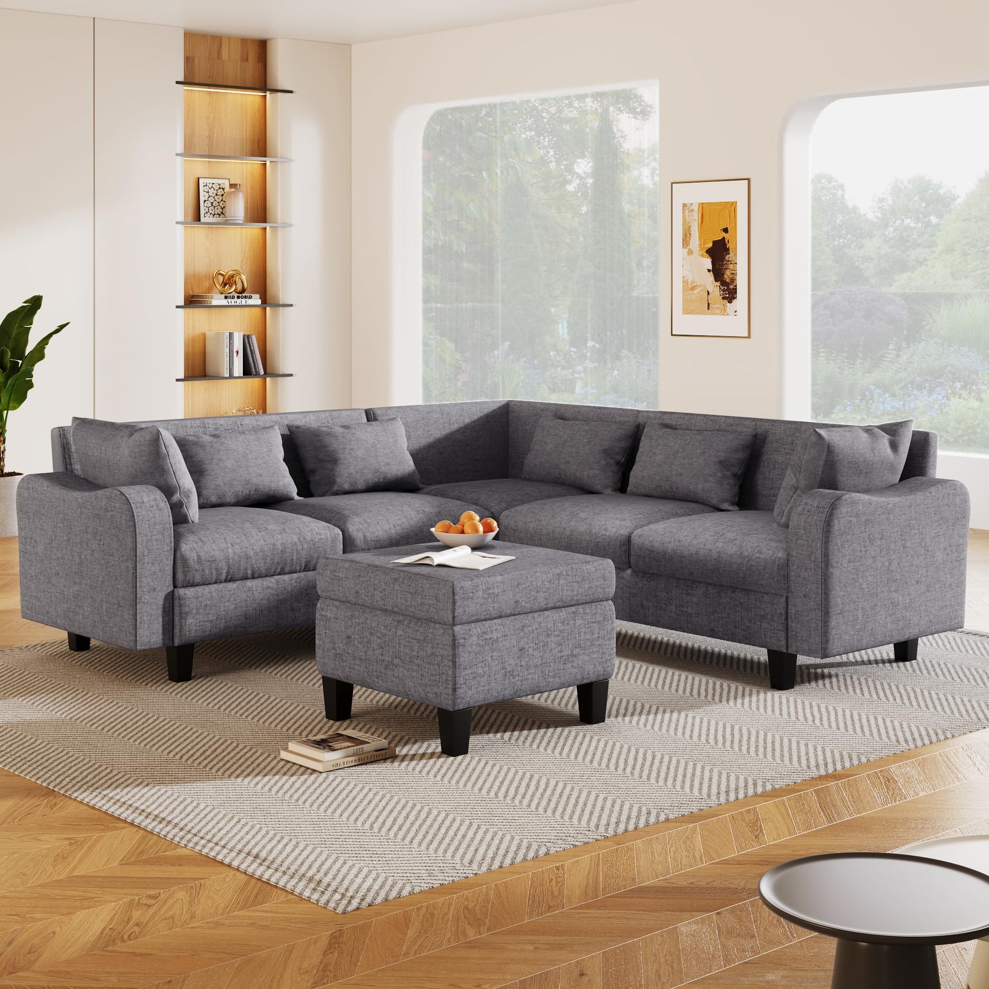 Upholstered Sectional Sofa with Console, 2 Cup Holders and 2 USB Ports & Wirelessly Charged EK HOME FURNITURE