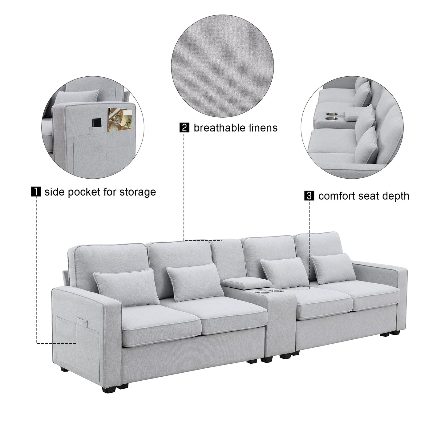 Upholstered Sectional Sofa with Console, 2 Cup Holders and 2 USB Ports & Wirelessly Charged EK HOME FURNITURE