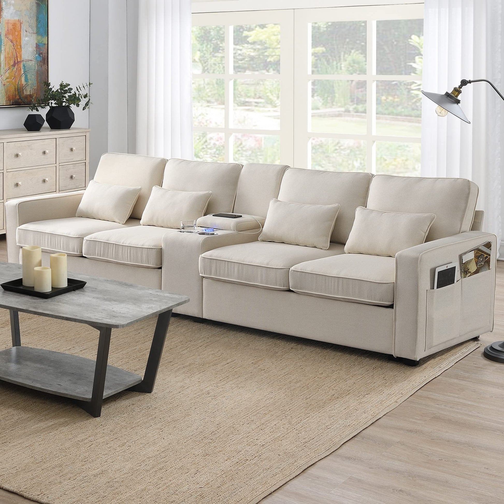 Upholstered Sectional Sofa with Console, 2 Cup Holders and 2 USB Ports & Wirelessly Charged EK HOME FURNITURE