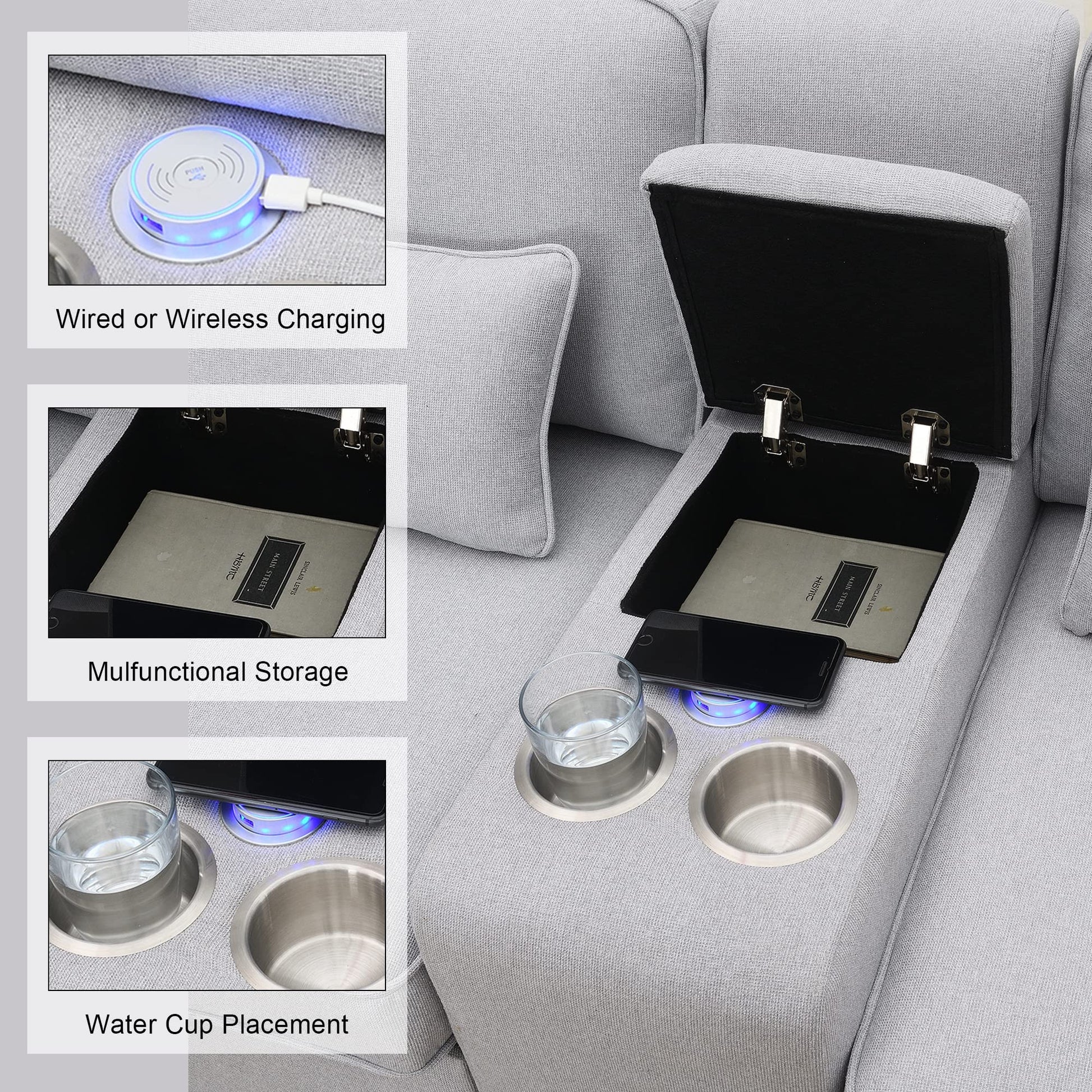 Upholstered Sectional Sofa with Console, 2 Cup Holders and 2 USB Ports & Wirelessly Charged EK HOME FURNITURE