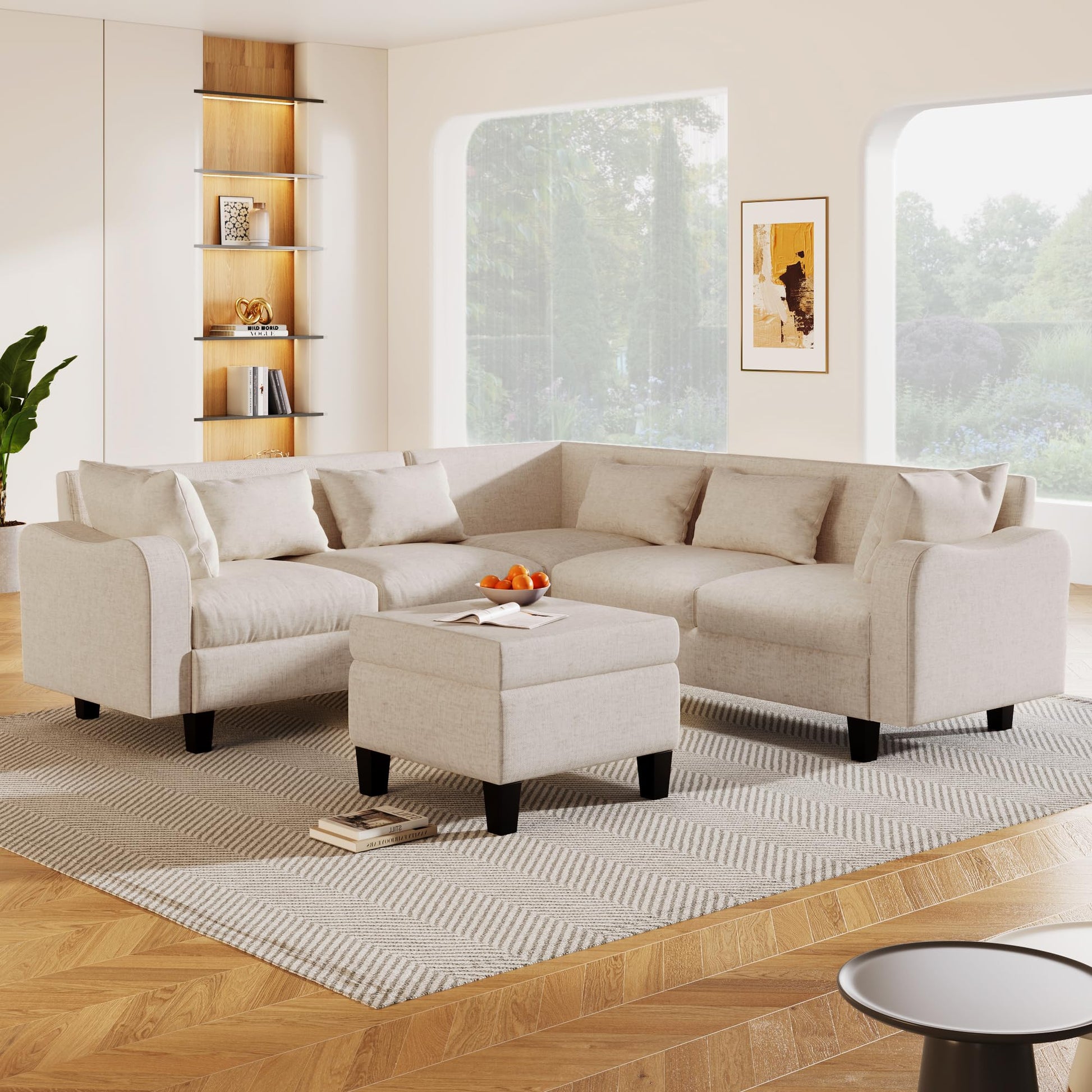 Upholstered Sectional Sofa with Console, 2 Cup Holders and 2 USB Ports & Wirelessly Charged EK HOME FURNITURE